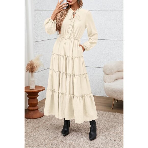 Long Sleeve Maxi Dress V-Neck Tiered Boho Elegant Fall Wedding Guest - Picture 4 of 6